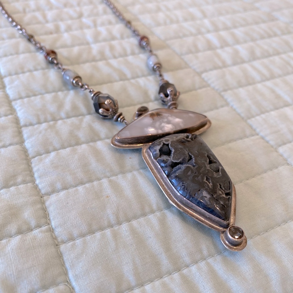 Signed pin/pendant with bead and sterling necklace